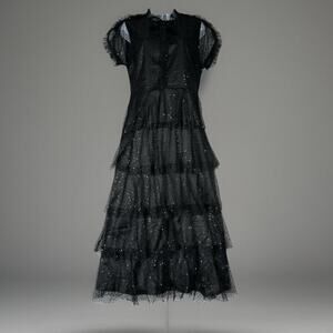 Amy Lynn Womens Dress L Black‎ Mesh Overlay Midi Tea Tiered Sequin Whimsy Fairy